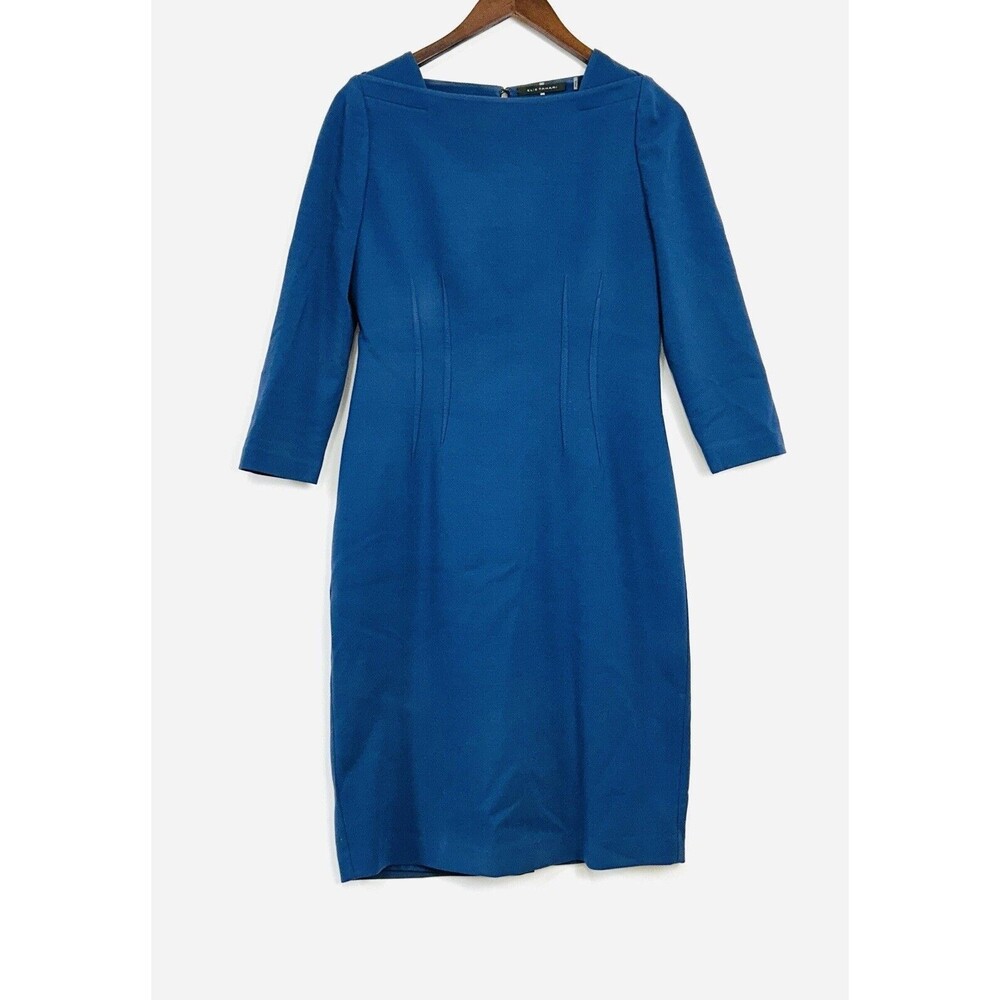 Elie Tahari Career Dress Size 6‎ Blue Scuba Knit Layer Notch Square Neck Zip